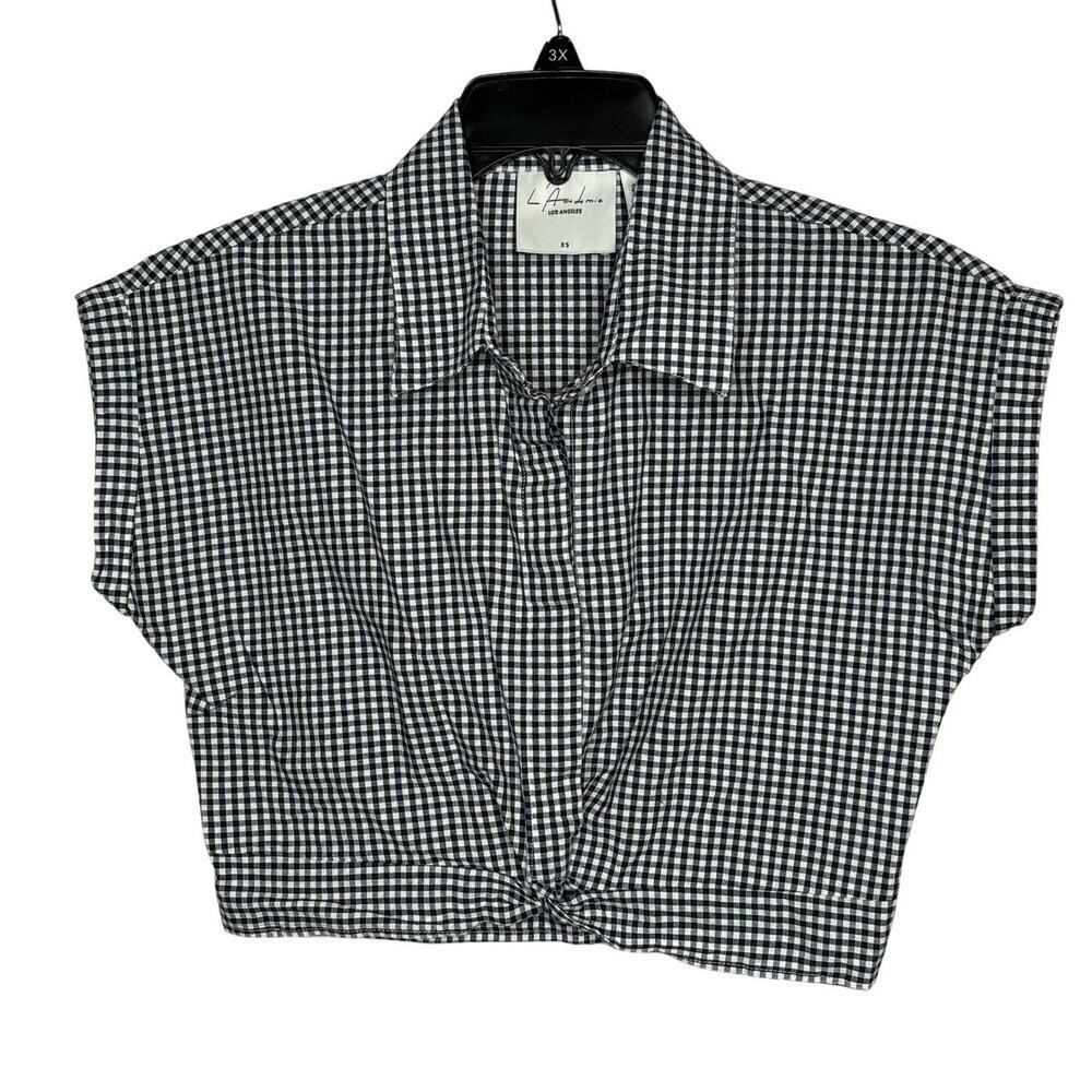 L' Academie Short Sleeve Cropped Button Down Cotton Gingham Top Size XS